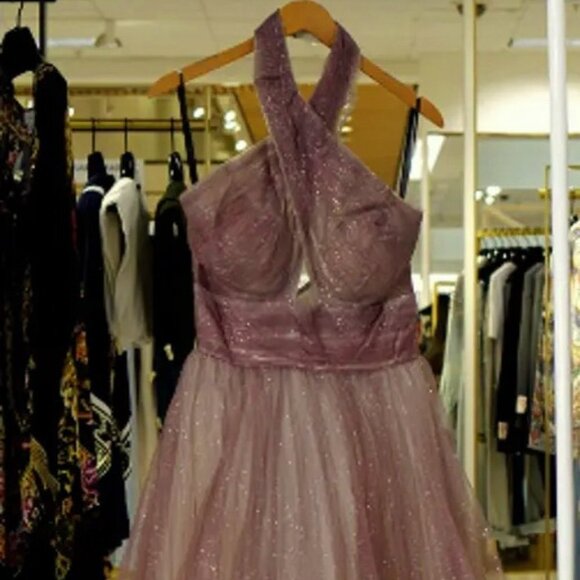 Mac Duggal Taupe Mauve Glitter Halter Neck Ombré Tulle Gown Prom